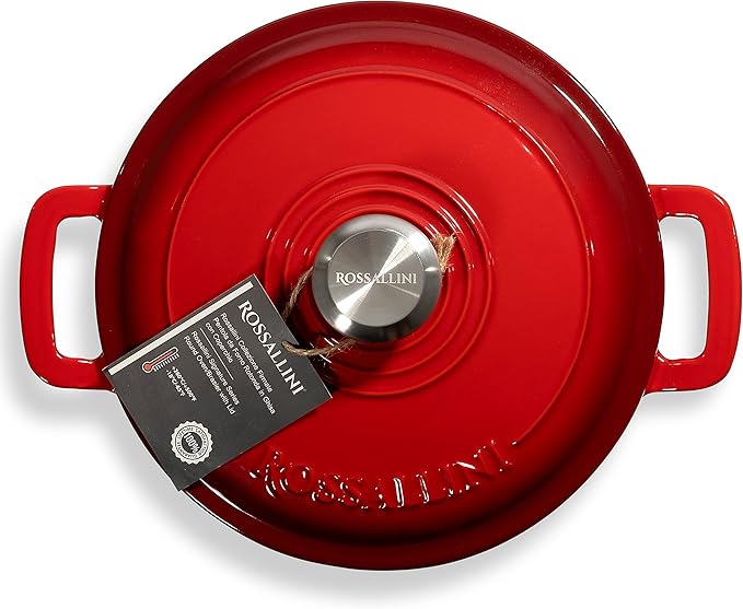 ROSSALLINI Signature Enameled Cast Iron Dutch Oven, Non-Stick Serving Pot with Tight Fitting Lid for Perfect Roasting, Baking, Sauteing, and Bread Making | 7.4Q (7L) - Red