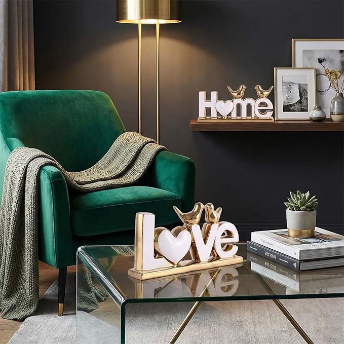 Love Sign Decor,Gold Room Decor Aesthetic, Knick Knack Shelf,Bird Decor, Boho Bookshelf,Abstract Statue,for Living Room,Bedroom, Contemporary Tv Stand Set of 2 (2, Gold White)