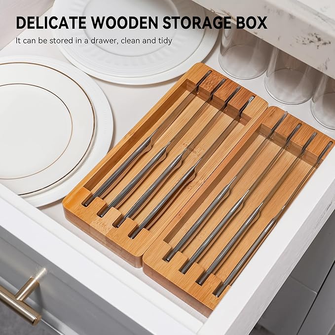 Serrated Steak Knife Set of 8 with Block Holder, Steak Knife with Storage Box Drawer Insert Organizer Bamboo Case, Dishwasher Safe, Silver
