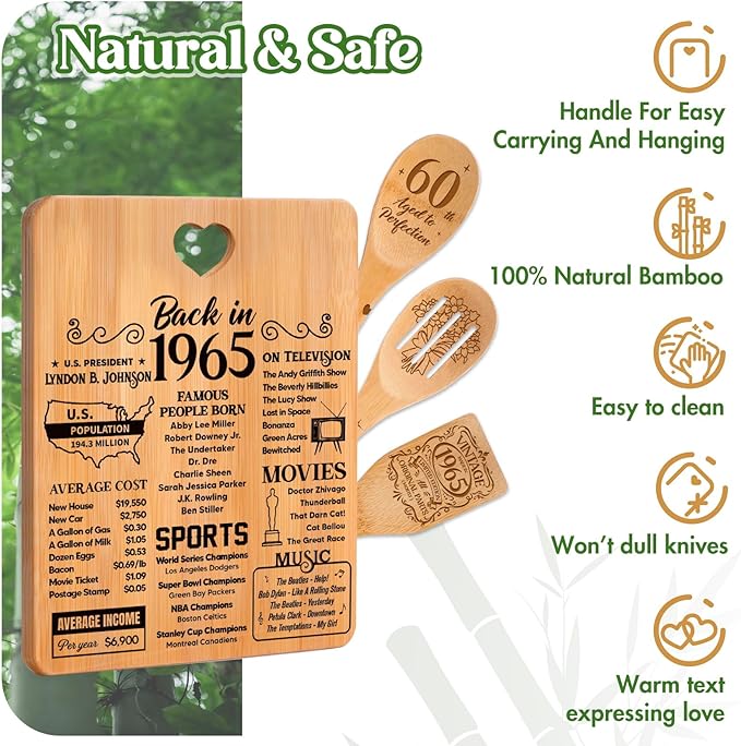 60th Birthday Gifts for Her Him - "Back in 1965" 60th Birthday Gifts for Women Cutting Board, Bamboo-Made Engraved "Year 1965 News" 60th Birthday Gifts