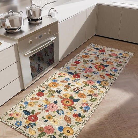 Washable Kitchen Rugs Non Slip: 2'x6' Hallway Runner Rug Stain Resistant Low Pile Floral Floor Rug with Rubber Backing Non Shedding Soft Carpet Runners for Indoor Entryway Bedside Bedroom Farmhouse