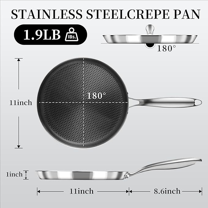 Innerwell Nonstick Crepe Pan 11inch Stainless Steel Crepe Pan Honeycomb Coating Flat Skillet Tawa Dosa Tortilla Pan,Omelet Pan with All Stove Tops Available, Induction Compatible
