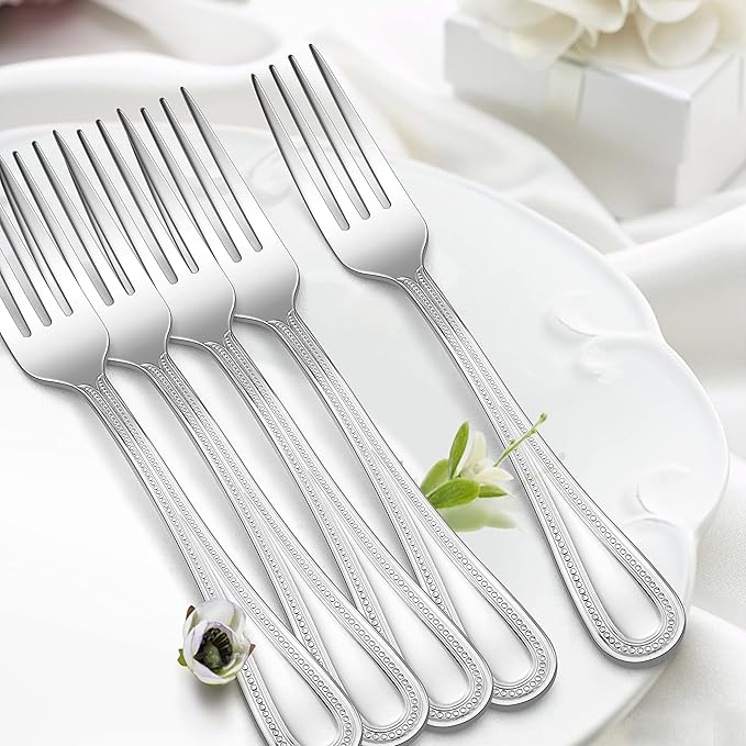 Forks Set of 12, E-far Stainless Steel Dinner Forks Silverware with Pearled Edge for Home/Kitchen/Restaurant, Mirror Polished & Dishwasher safe-7.9 Inches