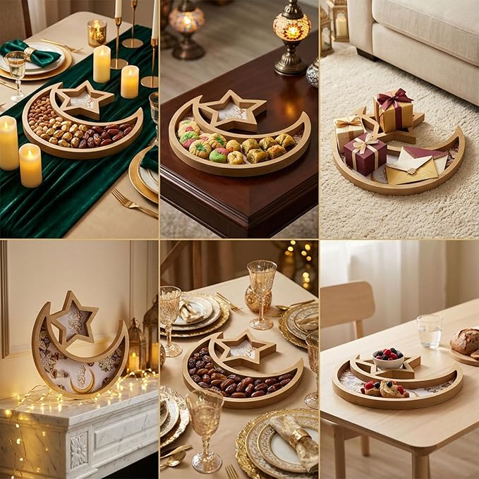 Krismax Ramadan Decorations for Home Ramadan Tray Eid Tray Ramadan Kareen Moon Star Tray Home Decor Ramadan Serving Tray for Party Decoration Food Tray Snack Cookie Serve Plate