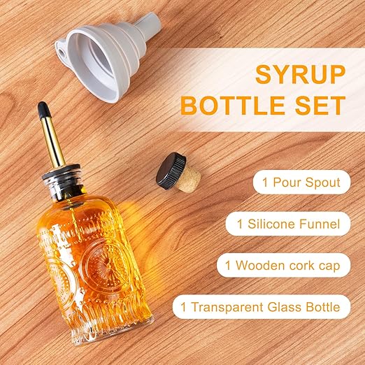 Glass Coffee Syrup Dispenser 7oz, with a Metal Mouthpiece Syrup Dispenser,Syrup Bottles for Maple Syrup, Oil, Coffee Bar Accessories,Vinegar, and Honey.