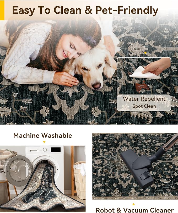 Area Rugs 5'x7' Washable Non-Slip, Floral Vintage Distress Print Pattern Medallion Carpet for Living Room Bedroom Dining Room, Vintage Black Brown Neutral
