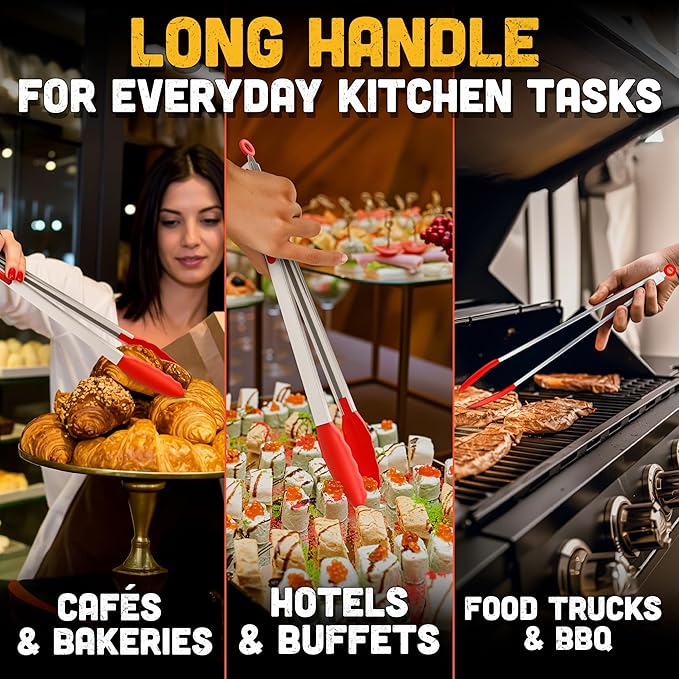 Salad Tongs - 17.3" Long Tongs for Cooking with Silicone Tips & Stainless Steel Frame for Salad Mixing & Serving for Safe Turning of Steaks, Burgers & Veggies - Easy-Lock Handle for Grip & Storage