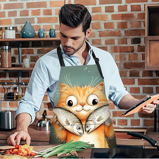 Funny Cat Apron with 2 Pockets Waterproof for Men Women Kitchen Garden Decor