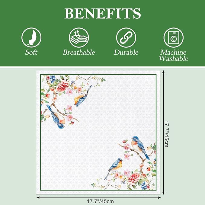 Bird Flower Branch Print Cloth Napkins 100% Cotton, 18" X 18" Dinner Napkins Cloth Set, Washable Napkins for Home, Kitchen, Dinner, Party, Wedding, Cocktail, Set of 6