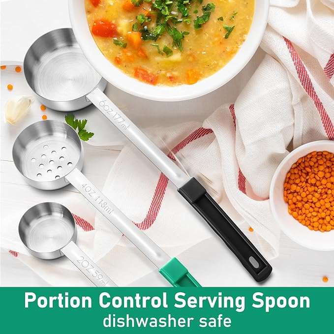 Reallnaive 6 Pcs Portion Control Serving Spoons, Restaurant Measuring Serving Ladle Utensils, Portion Control Slotted and Unslotted Scoops for Weight Loss, Kitchen, 3 Size