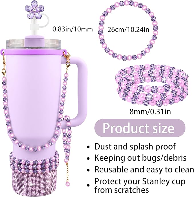 9PCS Purple of Stanley Cup Accessories Set 30/40 OZ Bling Pearl Rhinestones Charms for Stanley Decorations Tumbler Accessories Including Flower Straw Topper, Rhinestones Boot 30/40 OZ