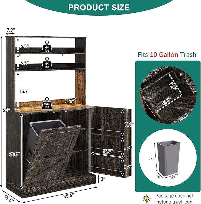 63" H Pantry Cabinets with 10 Gallon Trash Can,Led Light,Outlet,35" W Kitchen Hutch with Tilt Out Trash Can Cabinet,Farmhouse Cupboard with Large Countertop for Living Room, Dining Room
