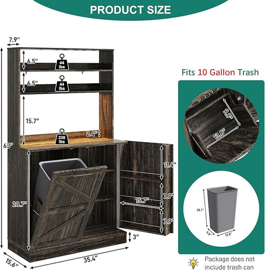 63" H Pantry Cabinets with 10 Gallon Trash Can,Led Light,Outlet,35" W Kitchen Hutch with Tilt Out Trash Can Cabinet,Farmhouse Cupboard with Large Countertop for Living Room, Dining Room