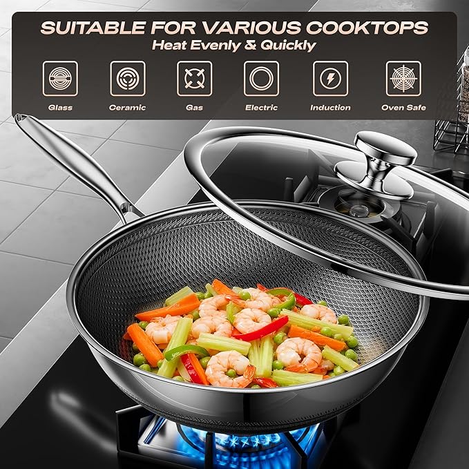 ZEROPAN Wok,Hybrid 12-Inch Wok with Lid,Nonstick Stainless Steel Woks & Stir-fry pans,Dishwasher-Friendly,PFAS PFOA PTFE Free, Oven-Safe Up to 600°F,Compatible with All Cooktops
