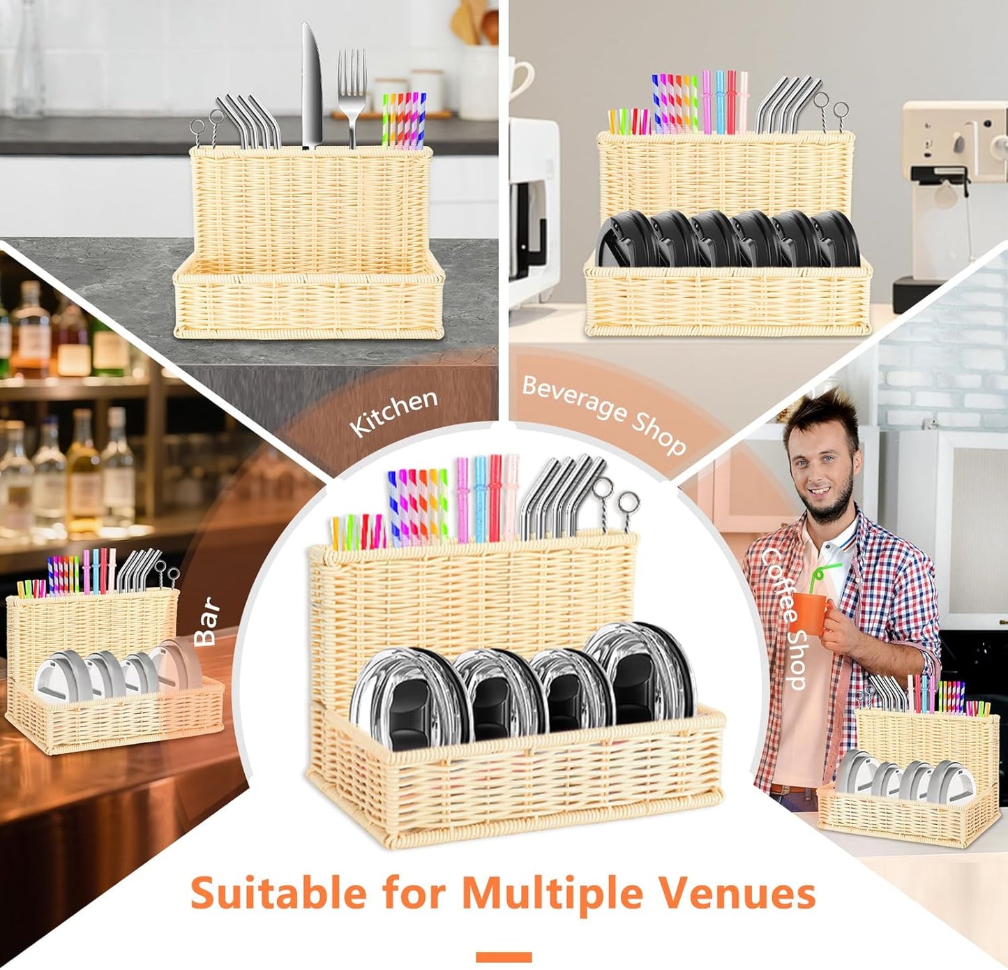9.8" Poly Wicker Straw Holder for Cabinet Door with Strong Adhesive Hooks,Woven Straws Holder Dispenser for Tumbler Lid,Reusable Straws,Kitchen Accessories for Countertop (Nature)
