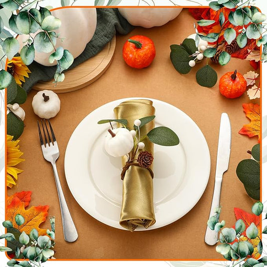 Set of 6 Thanksgiving Napkin Rings White Pumpkin Artificial Eucalyptus Ring Holder Thanksgiving Fall Pumpkin Napkin Holder for Wedding Gathering Dinner Table Decoration