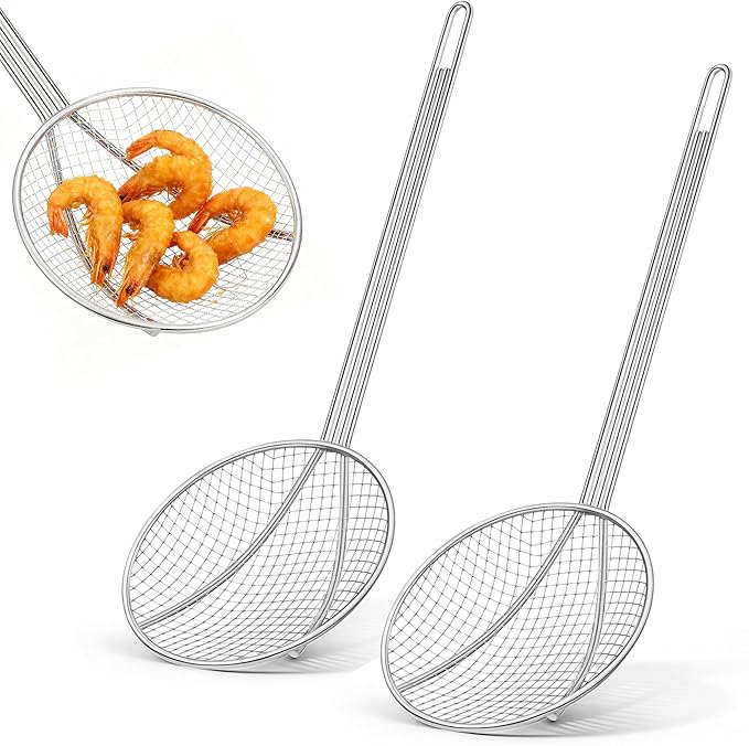 2 Pack 18-Inch Wire Skimmer Nickel Plated Wire Mesh Strainer with Long Handle Round Frying Spoon Cooking Oil Strainer for Kitchen Fried Food