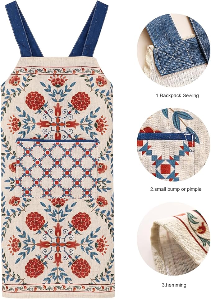 patdrea Blue Floral Linen Apron with Pocket,French Kitchen Garden Chef BBQ Aprons for Women and Men,Crisscross Back Straps