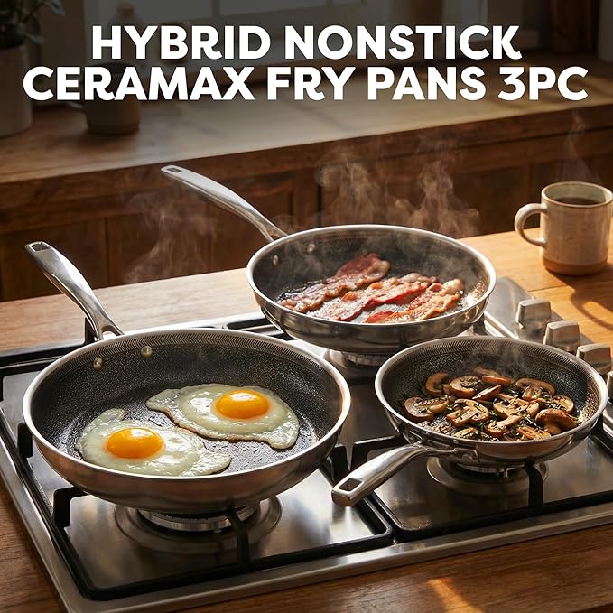 CERAMAX Gotham Steel Hybrid 3pc Stainless Steel Non Stick Frying Pans Set, 8,10,12 inch Ceramic Frying Pan Skillet Set, Induction Ready, Made without PFAS & PFOA, Oven and Dishwasher Safe - Black