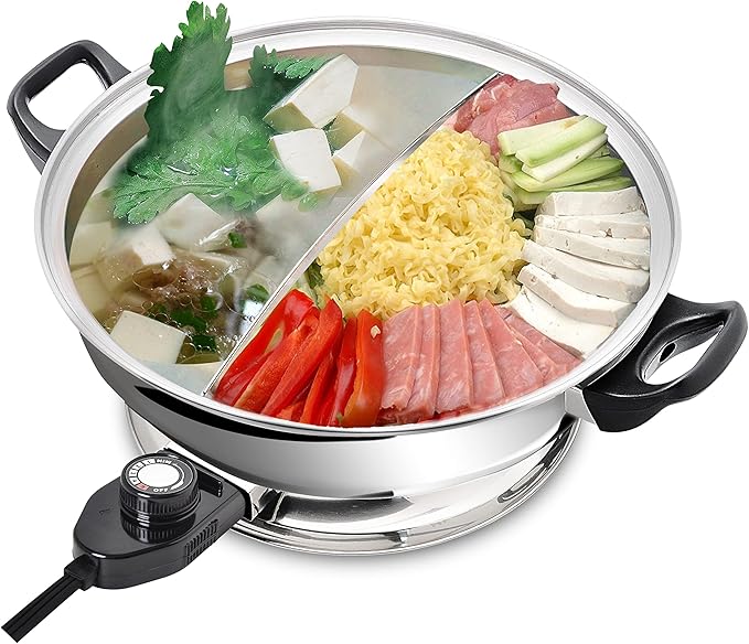 YONGXIN Electric Hot Pot JH-160B-30cm with Divider 304 Stainless Steel, 1400W Dual-Sided Shabu Hot Pot, 4 Liters
