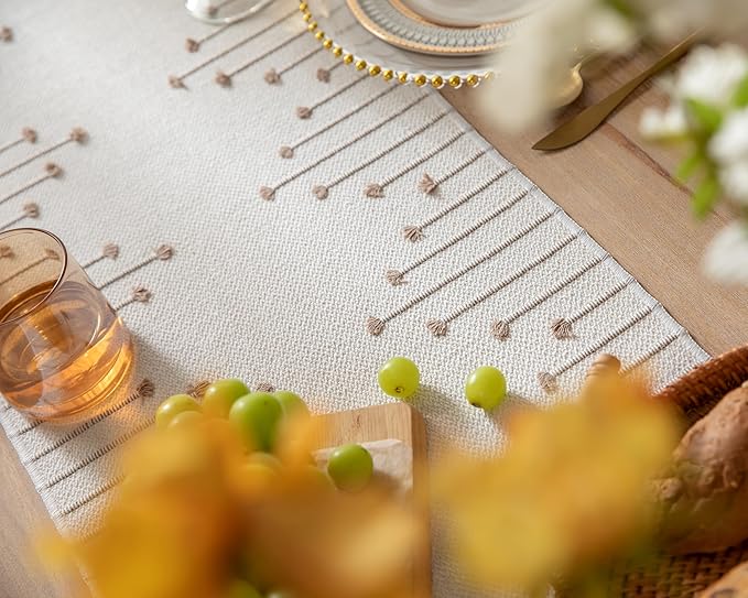 Boho Table Runner 13 x 48 Inch Long Natural Cotton Woven Runner with Tassels for Home Dining Table décor, for Modern Farmhouse Decor Coffee Table Runner, Taupe and Beige