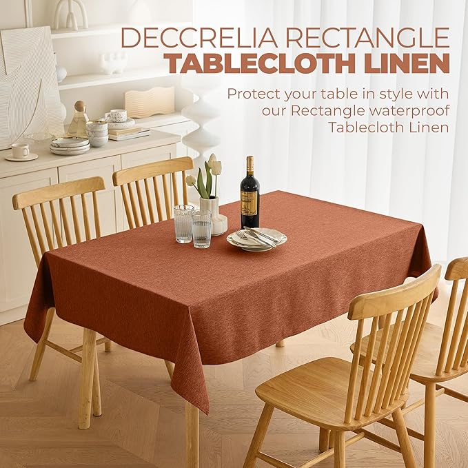 Waterproof Faux Linen Rectangle Tablecloth, Spillproof Wrinkle Free Farmhouse Reusable Table Cloth for Holiday,Banquet, Party, Buffet Dinner (Oblong,60 x 120 Inch (10-12 Seats),Burnt Orange)