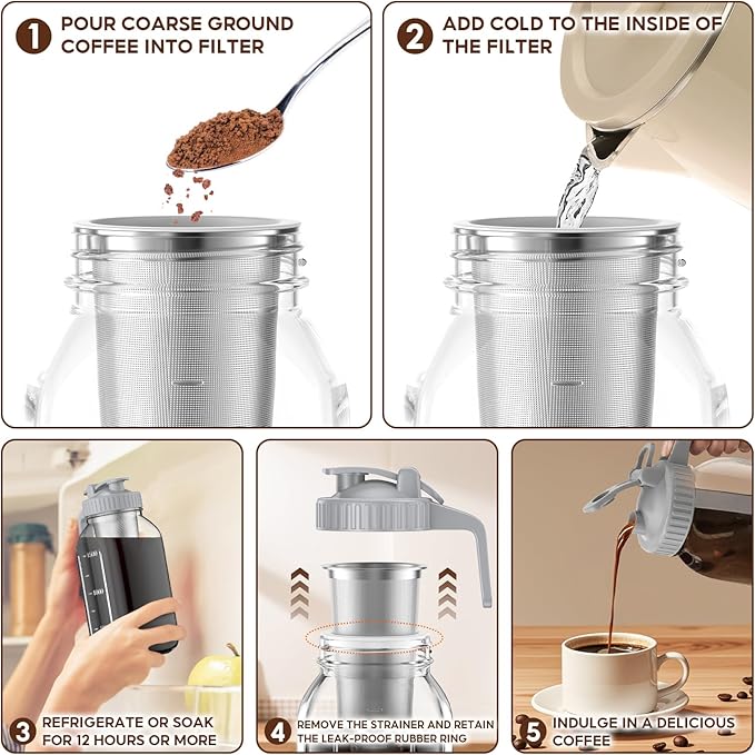 AHOMSEL Cold Brew Coffee Maker Jar - 2 Pack 64 oz/32 oz Glass Cold Brew Maker with Handle, Stainless Steel Filter & Leak-Proof Lid, Heavy Duty Cold Brew Pitcher for Iced Coffee, Sun Tea, and Milk