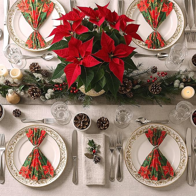 12 Pcs Christmas Poinsettia Cloth Napkin 20 x 20 Inch Poinsettia Cloth Napkins Washable Dinner Guest Napkins for Christmas Holiday Xmas Thanksgiving Dinner Party Supplies, Set of 12
