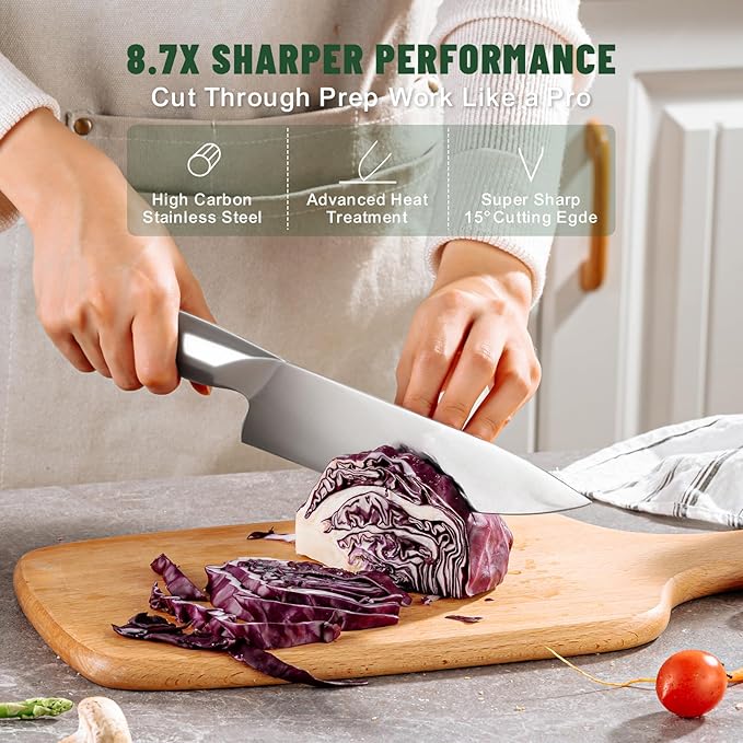 Knife Set, EWFEN 14-Piece Kitchen Knife Set with Block, German Stainless Steel Knives with Built-in Knife Sharpener, Anti-Slip Curved Handle Sharp Knives Set for Kitchen, Dishwasher Safe