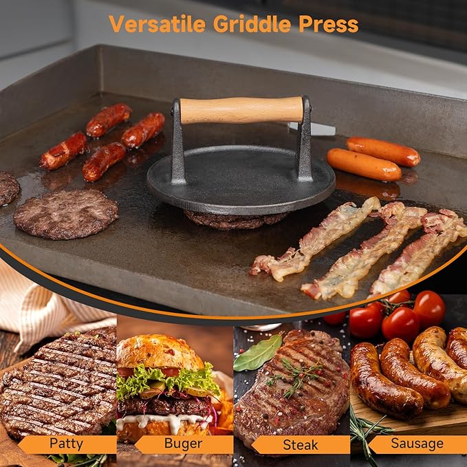 SHINESTAR Burger Press, 7" Cast Iron Smash Burger Press for Blackstone Griddle, Ideal for Patty, Burger, Bacon, Pre-Seasoned, Indoor and Outdoor Cooking, Round
