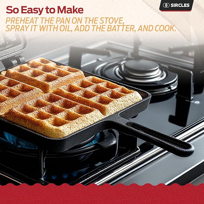 Sircles Cast Iron Waffle Maker - Makes 4 Square Belgian Waffles - Non Electric - Heavy Duty - Belgian Waffle Maker - 8.5 inch Square Waffles - E-book recipes