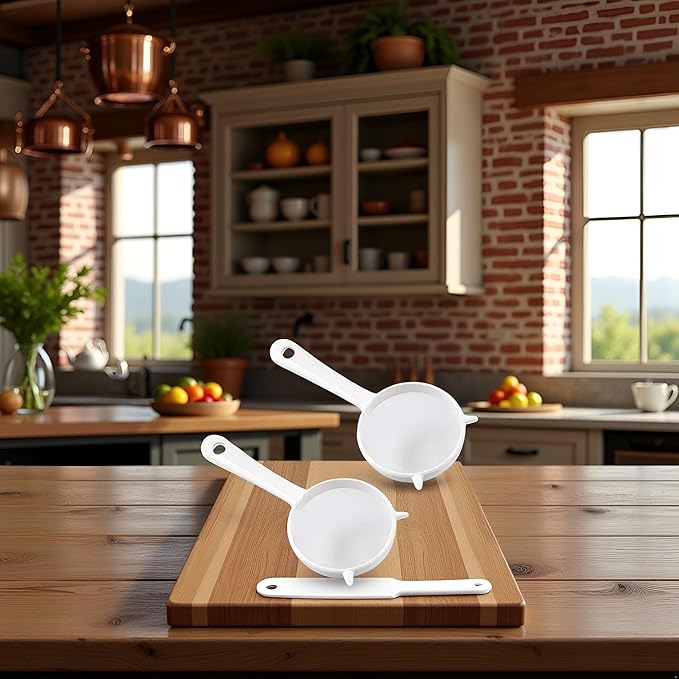 2Pcs Small White Mesh Kitchen Sifter - Plastic Mesh Strainers Sieve,Colanders and Sieve with Handle for Tea Pasta Flour Rice Fruits Vegetable, Food Strainers