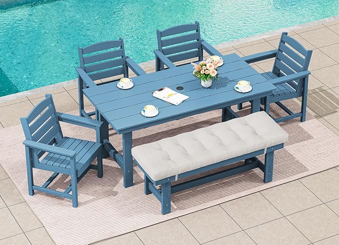 SERWALL Patio Dining Table and Bench Set for 6, Blue