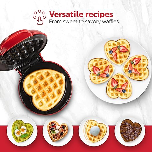 Holstein Housewares Personal Non-Stick Heart Waffle Maker, Red - 4-inch Waffles in Minutes, Mini Heart Ideal for Breakfast, Brunch, Lunch or Snacks