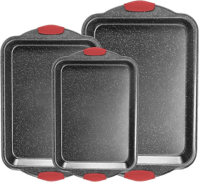 Anveena 3-Piece Nonstick Kitchen Oven Baking Pans - Premium & Stylish Non-Stick Steel, Commercial Grade Restaurant Quality Metal Bakeware with Red Silicone Handles - Easy to Clean black