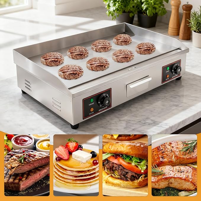 Commercial Griddle, 110V 3KW 30" Electric Griddle 430 Stainless Steel 110V Electric Blackstone Griddle&122°F-572°F Temperature Range Electric Flat Top Griddle for Snack Stores without Plug