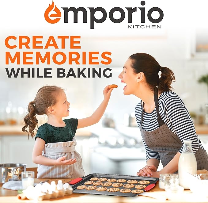 Emporio Kitchen Baking Pan Set - Nonstick Coating, Carbon Steel Bakeware Set with Red Silicone Handles, PFOA, PFOS, PTFE Free, Recipe Booklet Included, Oven Safe Tray (Up To 450° F), Set of 8 - Black