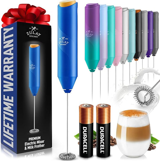 Zulay Kitchen Powerful Milk Frother Handheld with 2 Duracell AA Batteries – Ultra Fast Frother Wand Electric Drink Mixer for Coffee, Lattes, Cappuccinos, Matcha & Hot Chocolate – Portable Foam Maker