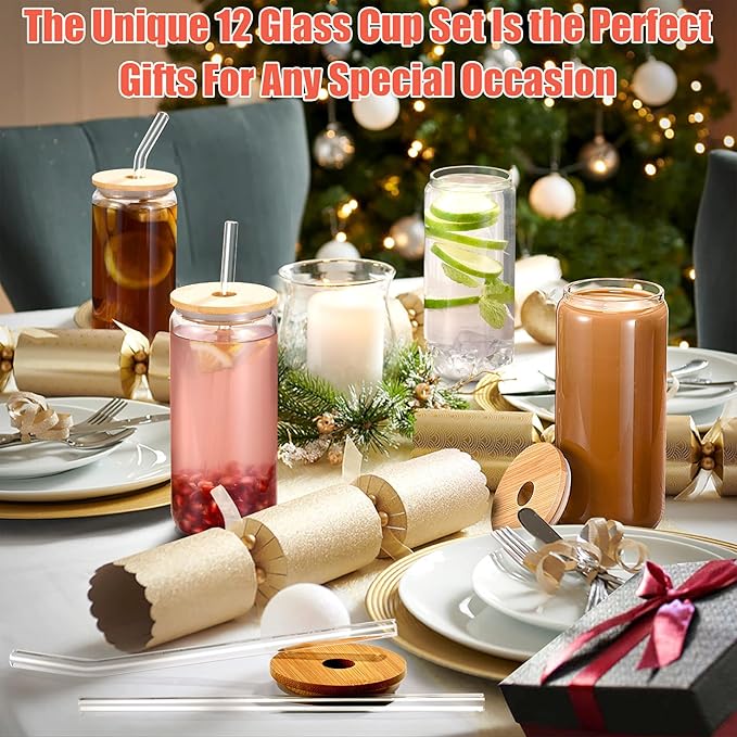 Glass Cups with Lids and Straws 20oz, 12psc Glass Drinking Set, Beer Can Cups with Bamboo Lids, Tumbler Cup with Straw for Ice Coffee, Cocktail, Whiskey, Soda Boba Tea -2 Cleaning Brushes.