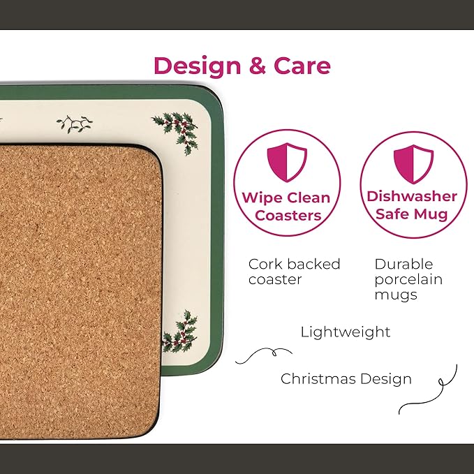 Spode Pimpernel 10 oz Mug & Coaster Set – 2 Porcelain Coffee Cups with Handles & 2 Square 5mm Cork-Backed Drink Mats, Durable Heat & Stain Resistant Table Accessories for Dining, Kitchen & Home