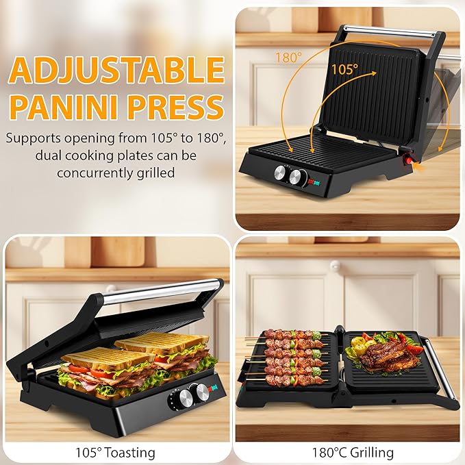 SUSTEAS 2in1 Panini Press Sandwich Maker and 304 Stainless Steel Electric Indoor Grill with Temperature Time Setting, Easy Clean Nonstick Grids, Opens 180°/105° to Fit Any Type or Size of Food,1400W