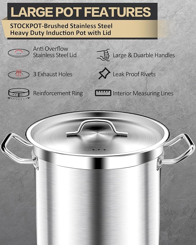 STOCKPOT Extra-Large Stainless Steel Stock Pot – Commercial Heavy Duty Soup Pot with Lid, 3-Ply Base for Fast Heating, Ideal for Seafood Boils and Outdoor Cooking - 100 Quart