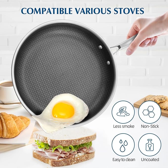 Dingerkit Non Stick Frying Pans, Stainless Steel Nonstick Fry pan with Honeycomb for Kitchen Cooking - 11” Skillet with Lid for Cookware - Works with Induction Cooktop Ceramic and Gas.