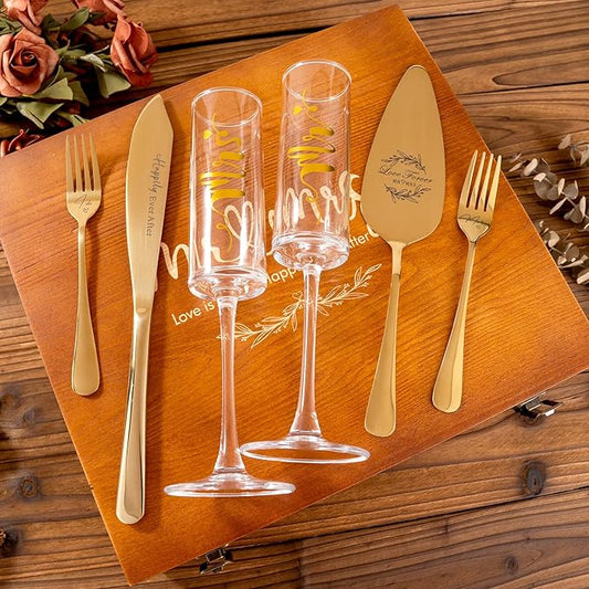 Wedding Cake Knife and Server Set, Mr and Mrs Champagne Flutes Glasses & Forks with Wooden Box, Gold Cake Cutting Set for Wedding Engagement Bridal Shower Gifts
