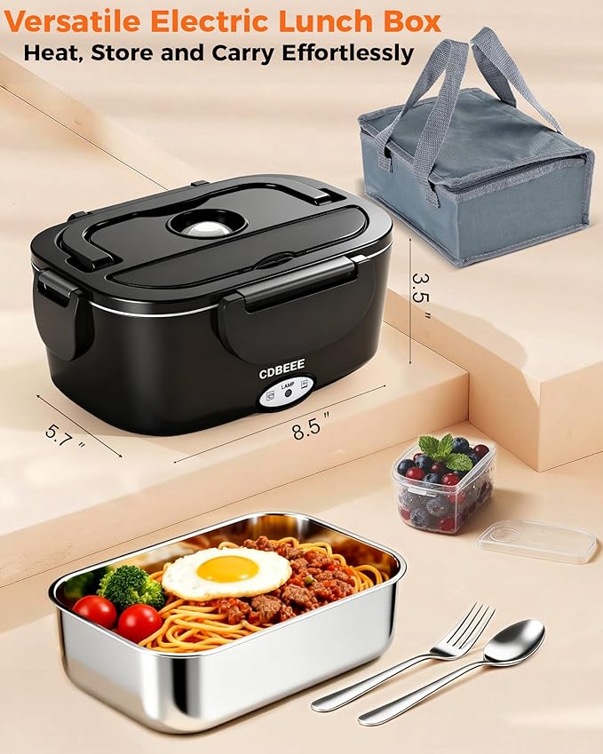 Electric Lunch Box Food Warmer-80W Fast Heating, 2 Leak-Proof SS Containers 1.5L | 12V/24V Car/Truck & 110V Home/Office |Portable Food Warmer for Drivers, Workers, Office & Travel (Black)