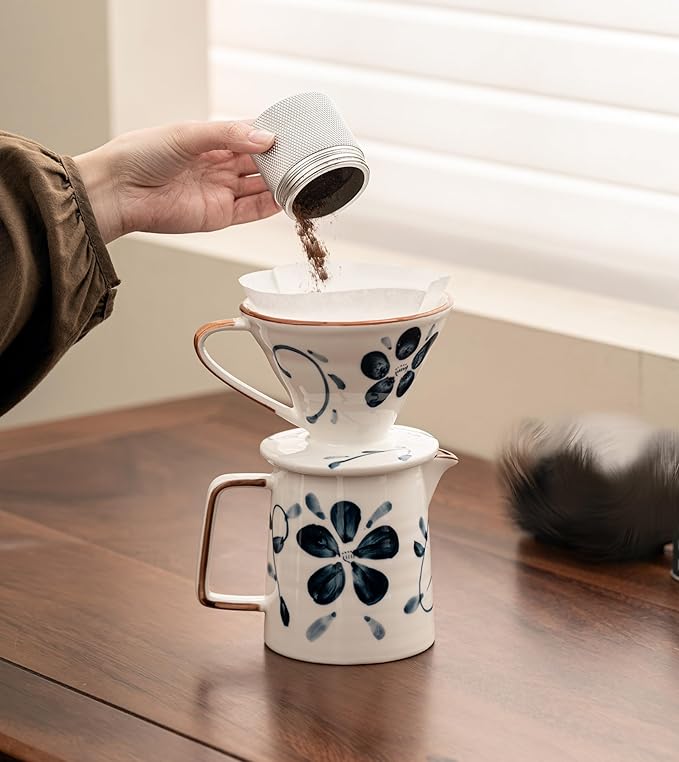 HYAXGM Pour Over Coffee Maker,Ceramic Coffee Maker With 40 pcs Paper Filter，15oz/450ml Pour Over Coffee Dripper (Blue and white, V02)