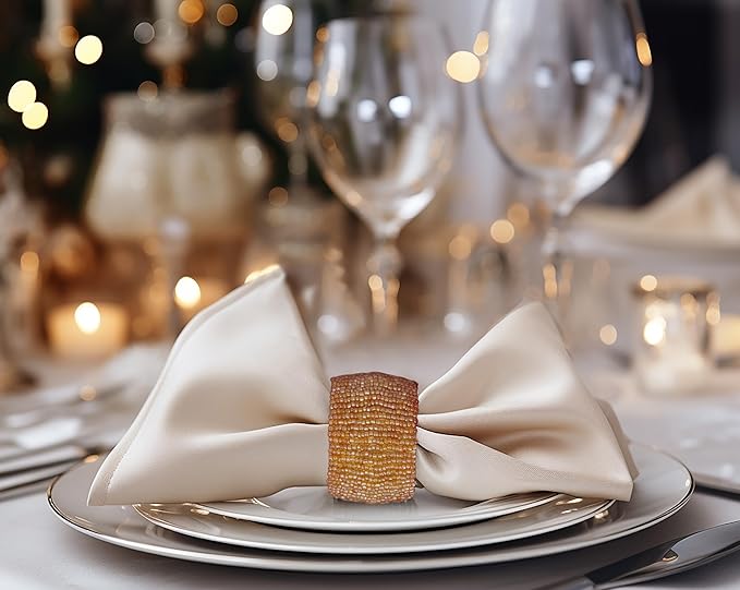 COTTON CRAFT Beaded Napkin Rings - Set of 12 Napkin Rings - Handmade Glitz Dining Table Napkin Holders - Christmas Xmas Holiday Party Halloween Harvest Autumn Fall Thanksgiving Gift Décor - Champagne