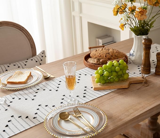 Boho Table Runner 13 x 90 Inch Long Natural Cotton Woven Runner with Tassels for Home Dining Table décor, for Modern Farmhouse Decor Coffee Table Runner, Black and Beige