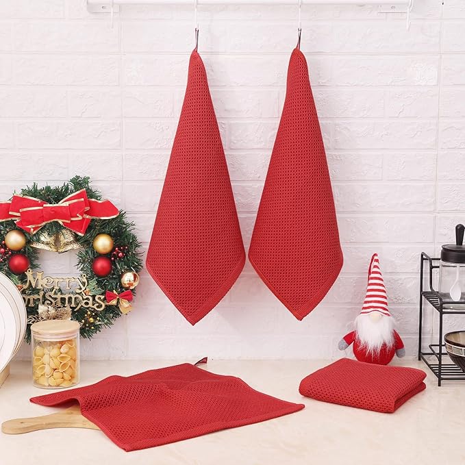 Kitinjoy 100% Cotton Kitchen Dish Cloths, 12 Pack Waffle Weave Ultra Soft Absorbent Dish Towels for Drying Dishes Quick Drying Kitchen Towels Dish Rags, 12 X 12Inch, Red