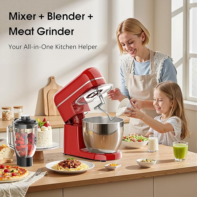 Honinst Stand Mixer, 7-IN-1 6.5QT 660W Multifunctional Electric Kitchen Mixers with Blender, Meat Grinder, Dough Hook, Whisk and Beater, 8-Speed Food Mixer for Baking, Cooking, Food Processing, Red